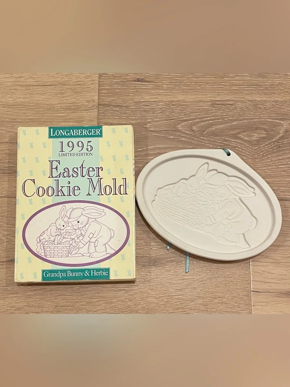 1995 Longaberger Easter Cookie Mold Grandpa Bunny & Herbie with Box and Ribbon
